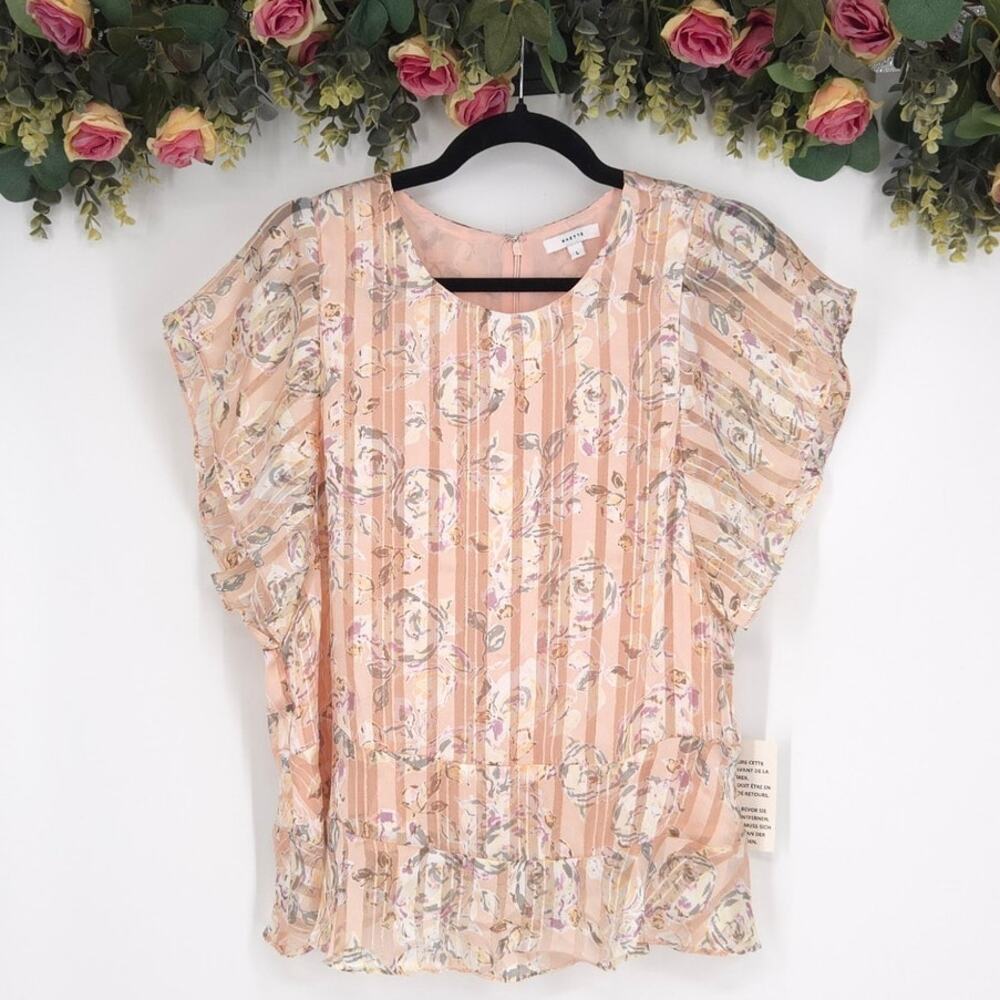 Maette Short Flutter Sleeve Pink Floral Blouse Size Large NWT